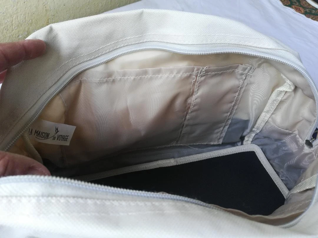 Handtas van stoffen lichtbeige onderaan marineblauw met nieuw handvat (1 streep op 1 handvat) – photo 13